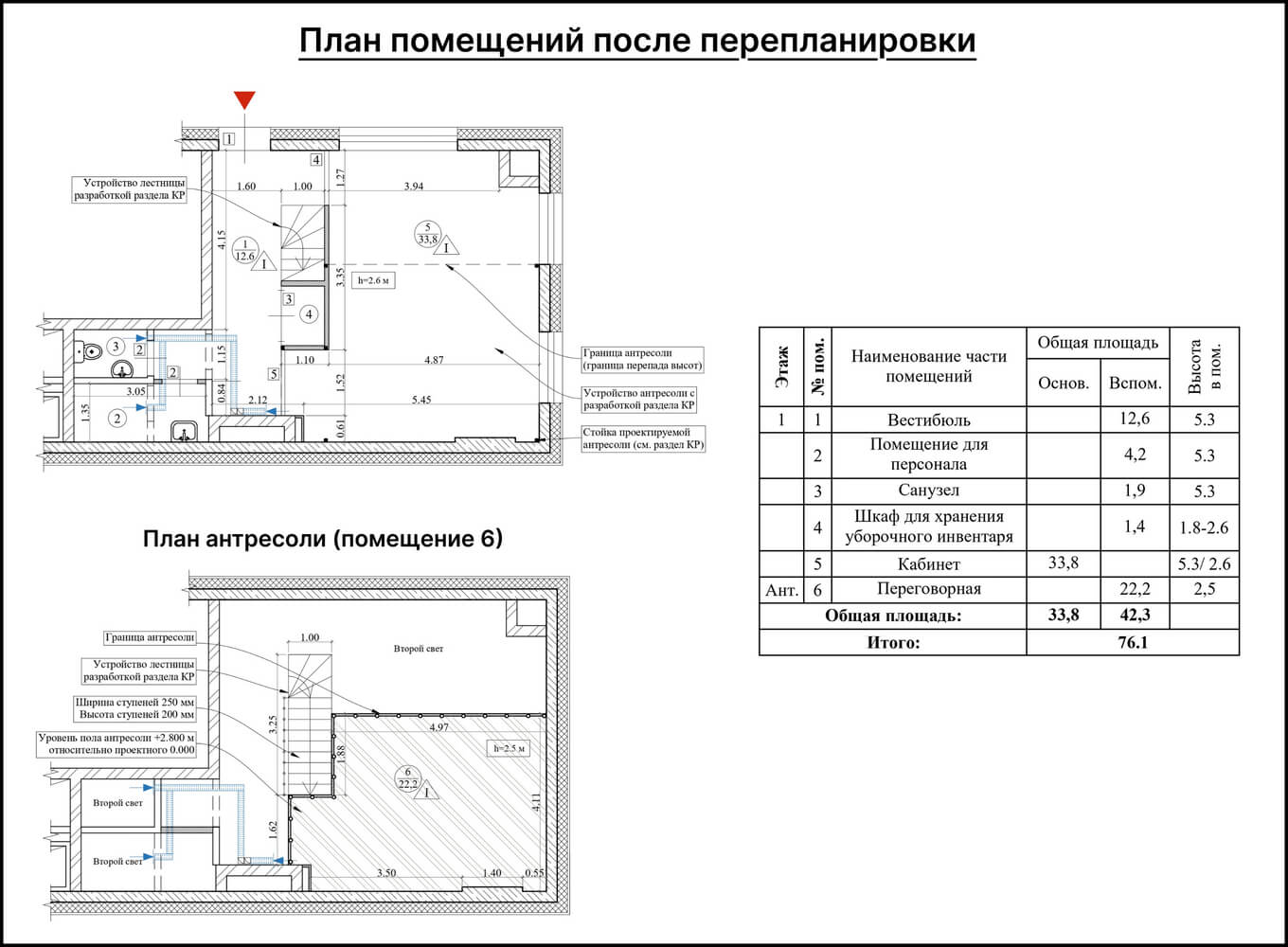 Организация антресоли в офисе в новостройке — план после перепланировки Организация антресоли в офисе в новостройке — план после перепланировки